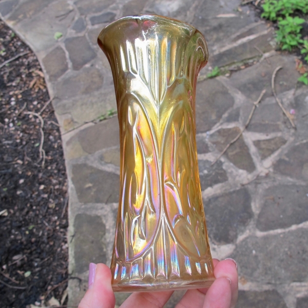Antique Dugan Circle Scroll Marigold Carnival Glass Vase Whimsey