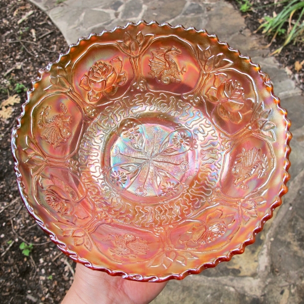 Antique Fenton Dragon & Lotus Marigold Carnival Glass Collar Based Nut Bowl