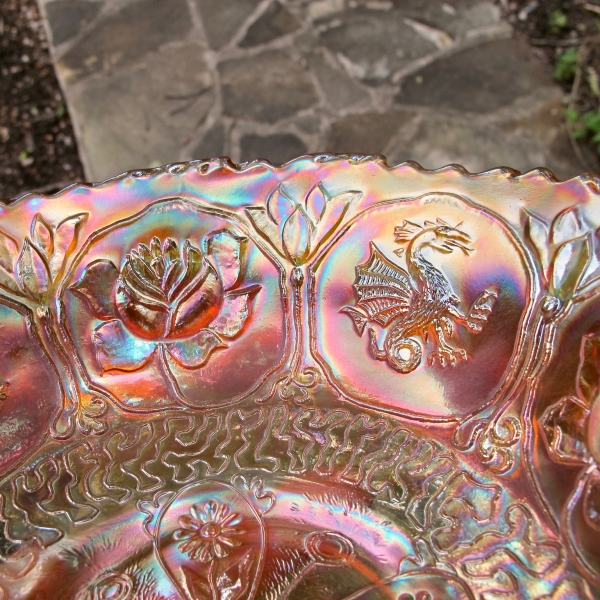 Antique Fenton Dragon & Lotus Marigold Carnival Glass Collar Based Nut Bowl