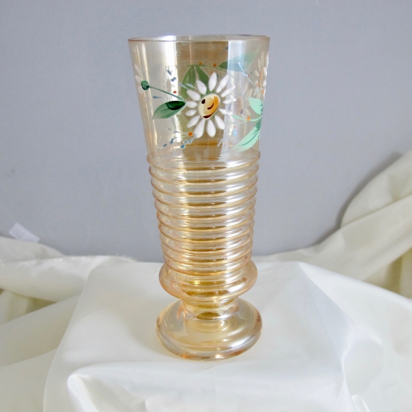 Antique Enameled Daisies Carnival Glass Water Tumbler Iced Tea Glass