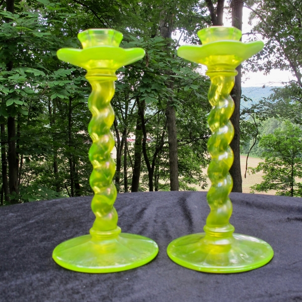 Antique US Glass Tiffin Twisted Bobeche Topaz Vaseline Stretch Carnival Glass Candleholders