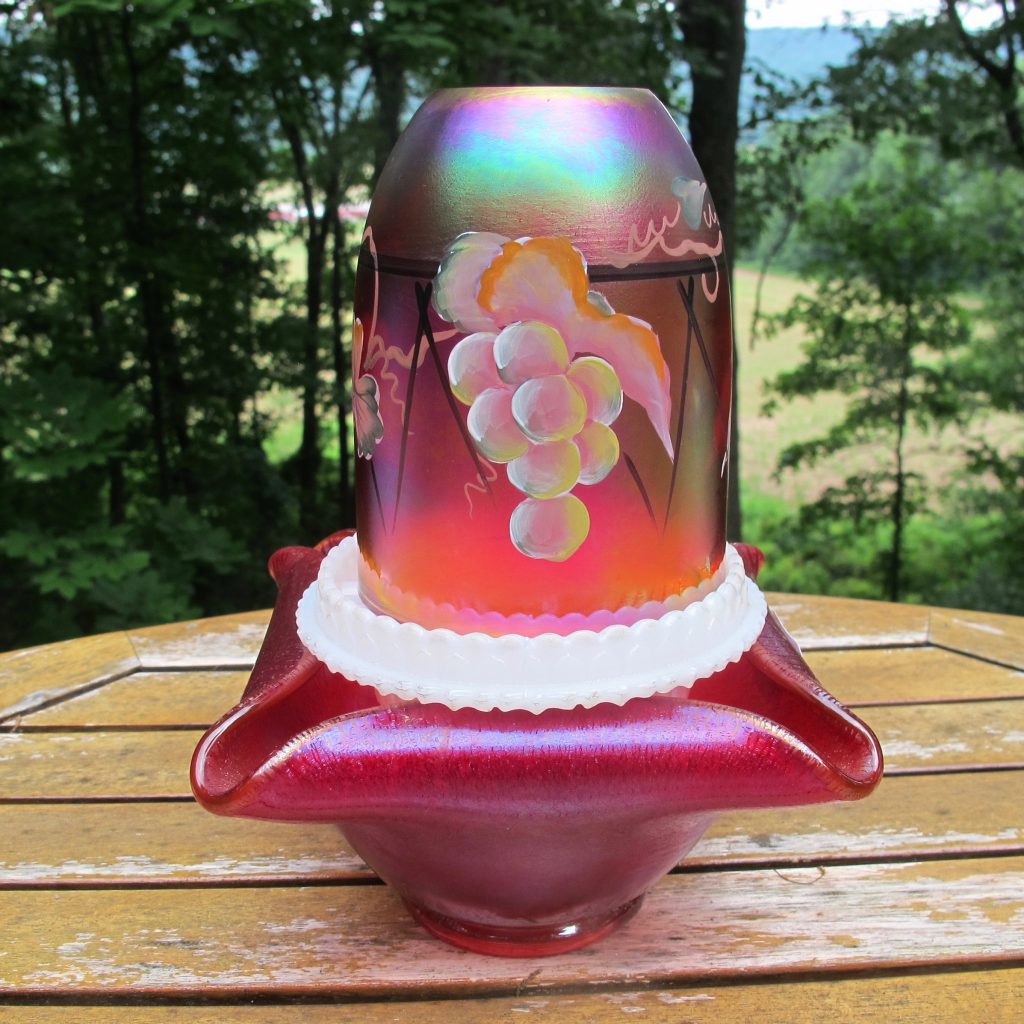 Fenton Red Painted Grapes Carnival Glass Candle Fairy Lamp Carnival Glass