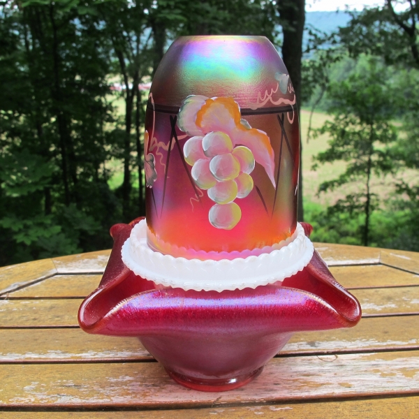 Fenton Red Painted Grapes Carnival Glass Candle Fairy Lamp