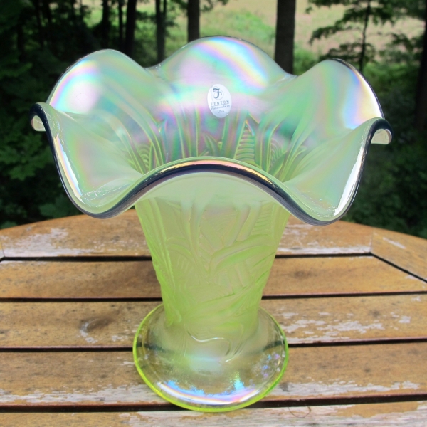 Fenton Topaz Vaseline Opal Cobalt Trim Carnival Glass Vase