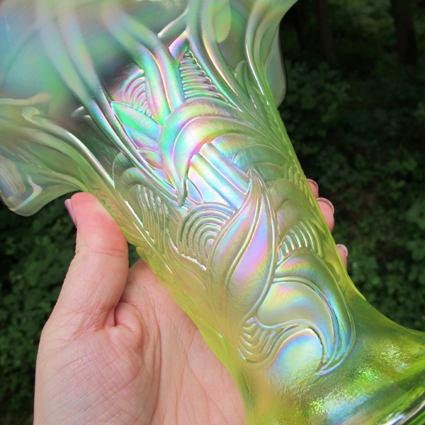 Fenton Topaz Vaseline Opal Cobalt Trim Carnival Glass Vase