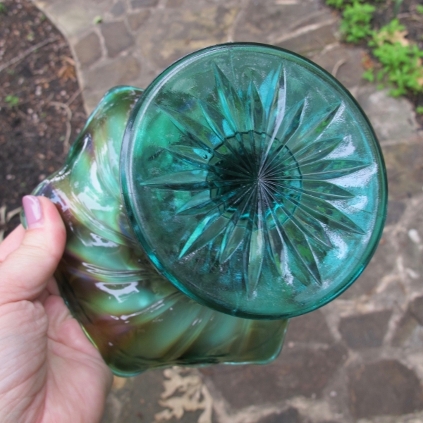 Antique Westmoreland Leaf Swirl Teal Carnival Glass Compote