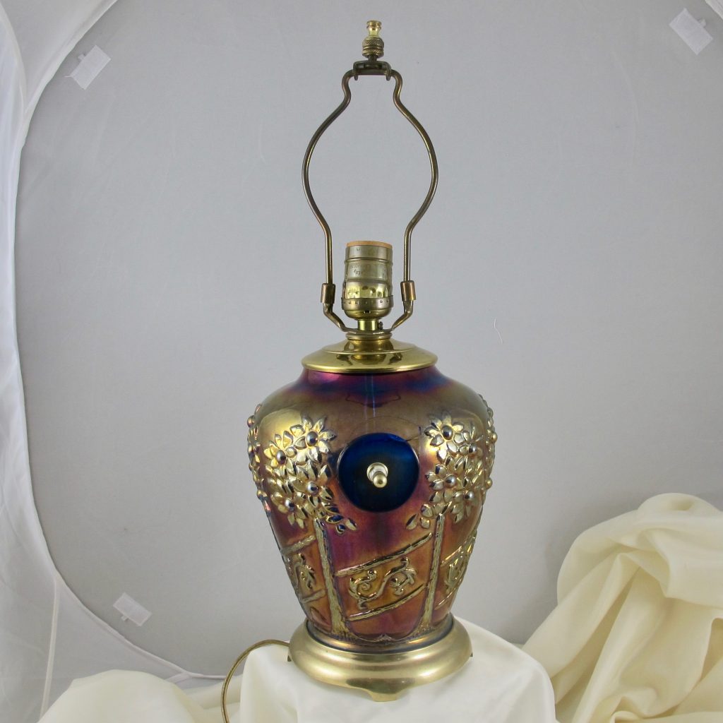 Antique Fenton Orange Tree Orchard Blue Carnival Glass Lamp Made from