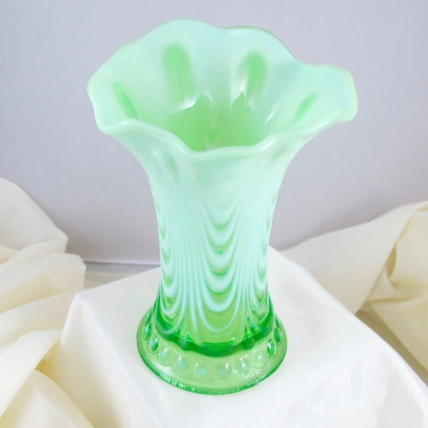 Antique Northwood Jewel & Drapery Green Opalescent Glass Vase