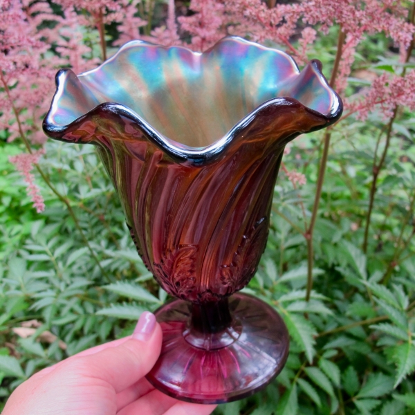 Antique Westmoreland Leaf Swirl Amethyst Carnival Glass Compote STRAIGHT UP