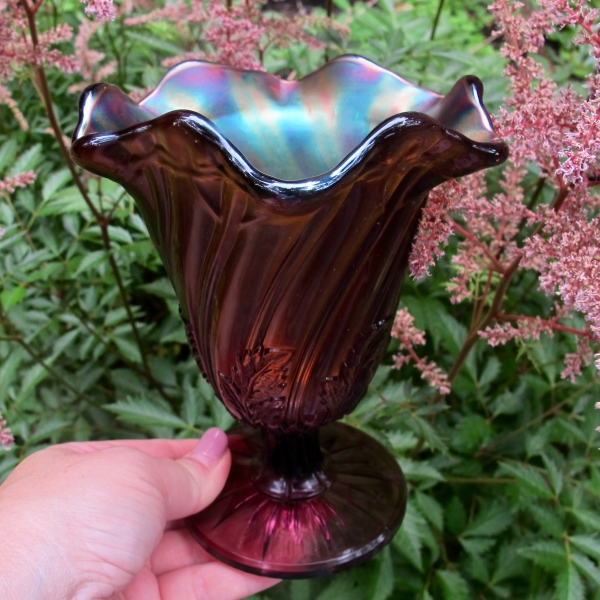 Antique Westmoreland Leaf Swirl Amethyst Carnival Glass Compote STRAIGHT UP