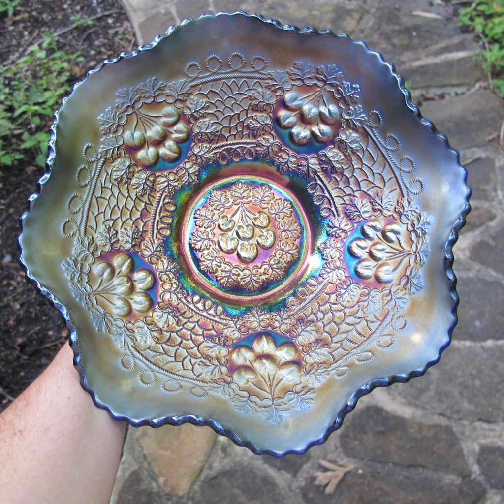 Fenton Cherry Chain Orange Tree Blue Carnival Glass Large Bowl