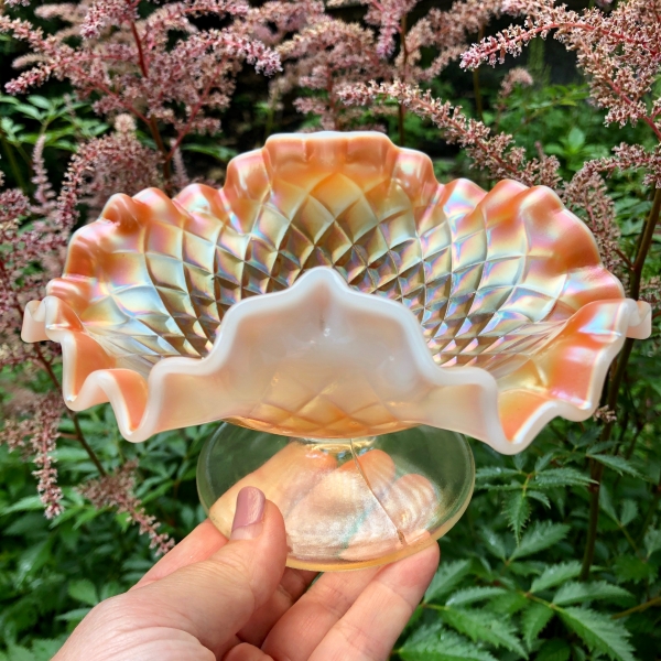 Antique Dugan Folding Fan Peach Opal Carnival Glass 2-Sides Up Compote