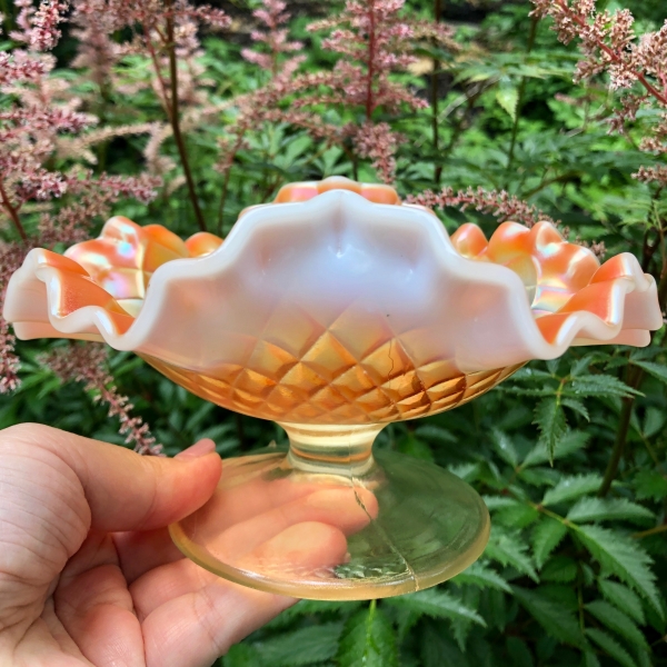Antique Dugan Folding Fan Peach Opal Carnival Glass 2-Sides Up Compote