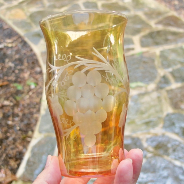 Antique Fenton Engraved Grape Grecian Gold Stretch Carnival Glass Tumbler