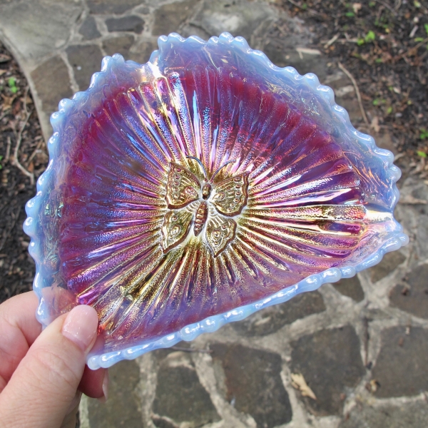 Fenton Plum Opal Butterfly Leaf Tiers Carnival Glass Tri-Corner Whimsey