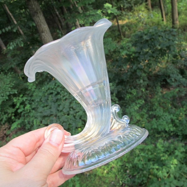 Antique Fenton Cornucopia 950 White Stretch Carnival Glass Candleholders