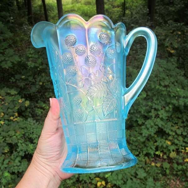 Antique Northwood Ice Blue Raspberry Carnival Glass Water Pitcher