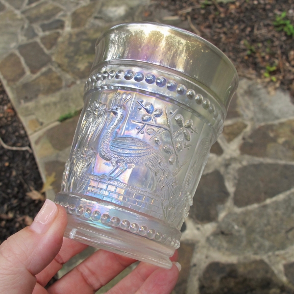 Antique Northwood Peacock at the Fountain White Carnival Glass Tumbler