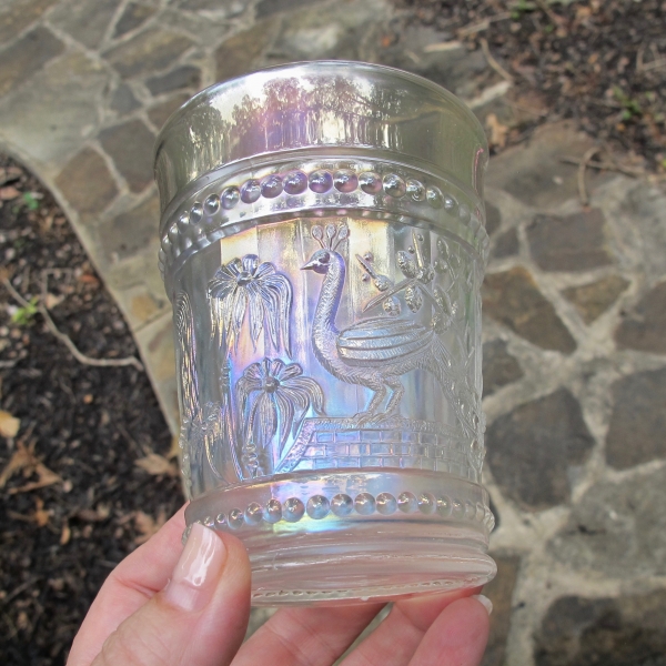 Antique Northwood Peacock at the Fountain White Carnival Glass Tumbler