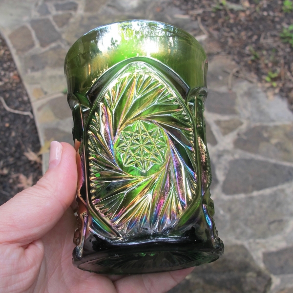 Antique Cambridge Double Star Green Carnival Glass Tumbler