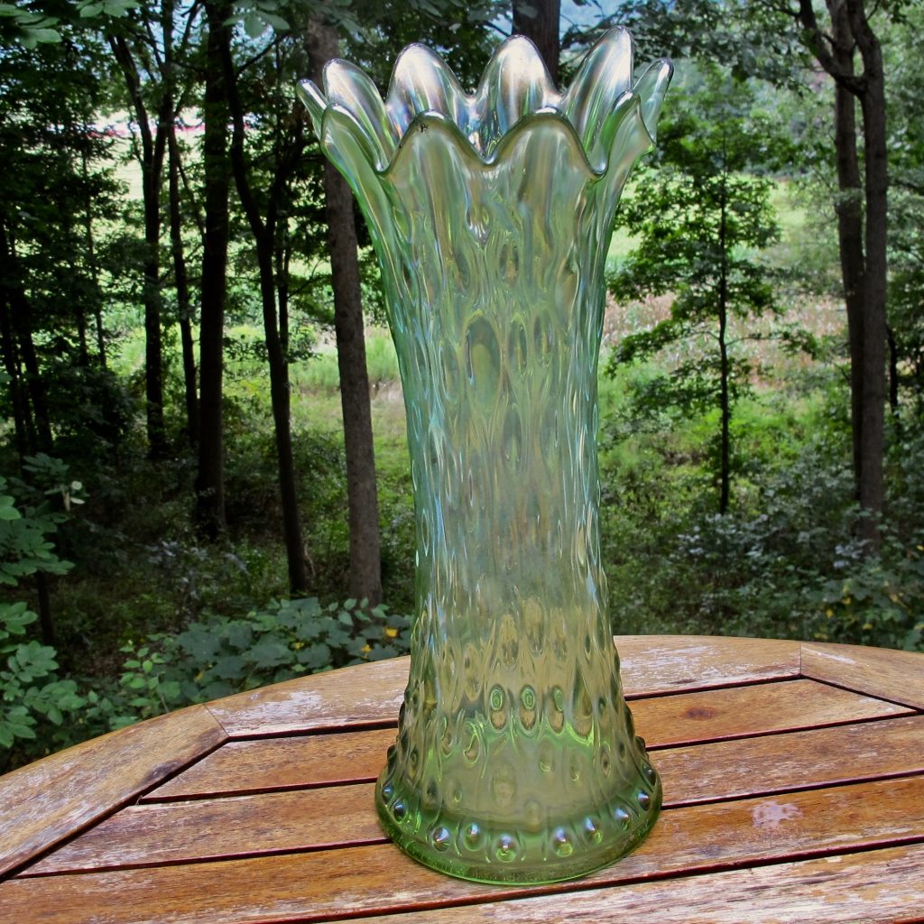 Antique Northwood Lime Green Midsize Tree Trunk Carnival Glass Vase