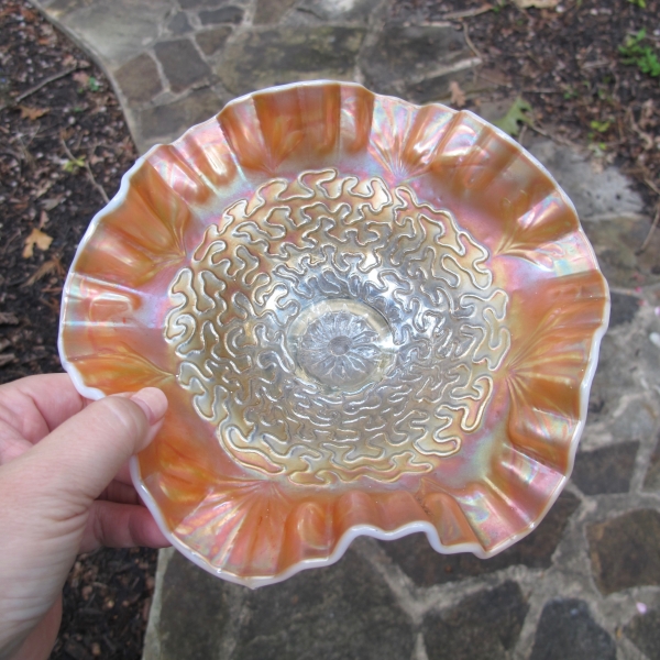 Antique Dugan Peach Opal Soutache Carnival Glass Bowl