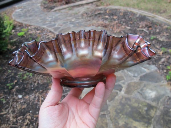 Antique Fenton Peacock Tail Amethyst Carnival Glass Square Bowl
