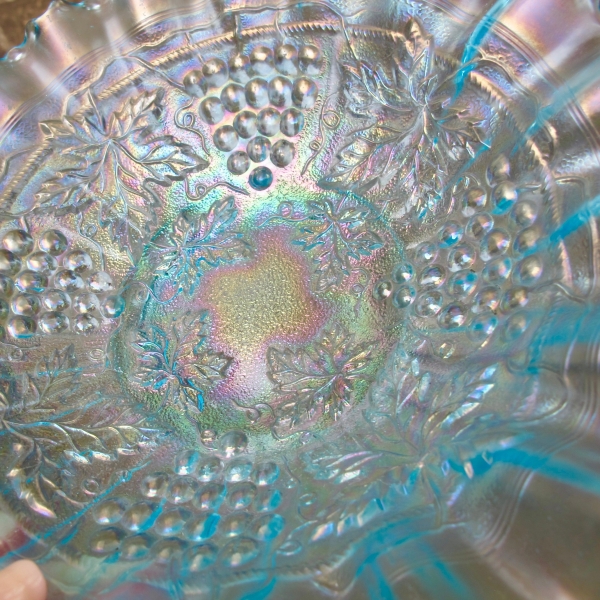 Antique Northwood Grape & Cable Ice Blue Carnival Glass PCE Bowl - STIPPLED