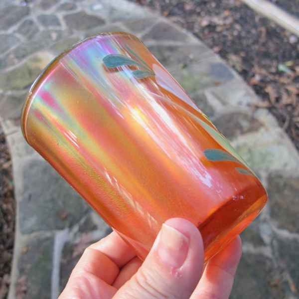 Antique Fenton Enameled Freesia Marigold Carnival Glass Tumbler