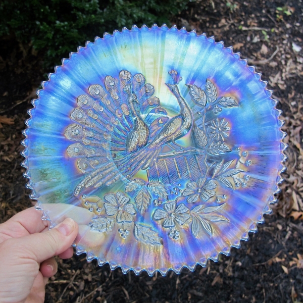 Antique Northwood Peacocks on the Fence Ice Blue Carnival Glass Plate