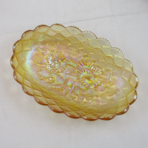 Antique Imperial Clambroth Pansy Carnival Glass Relish Oval Bowl