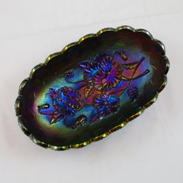 Antique Imperial Purple Pansy Carnival Glass Relish Oval Bowl