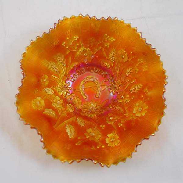 Antique Northwood Pumpkin Marigold Good Luck Carnival Glass Bowl