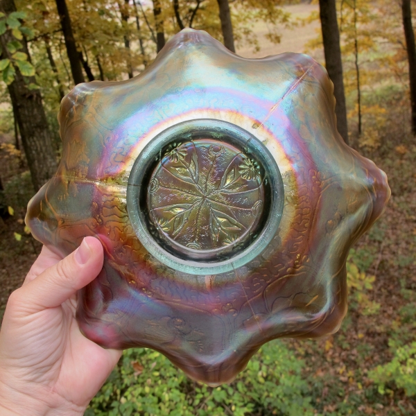 Antique Fenton Aqua Opal Dragon & Lotus Carnival Glass Bowl