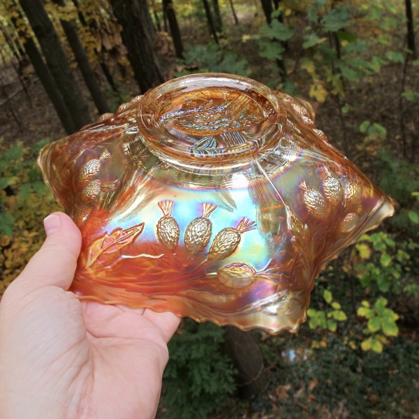Antique Fenton Pumpkin Peacock & Urn Carnival Glass Bowl