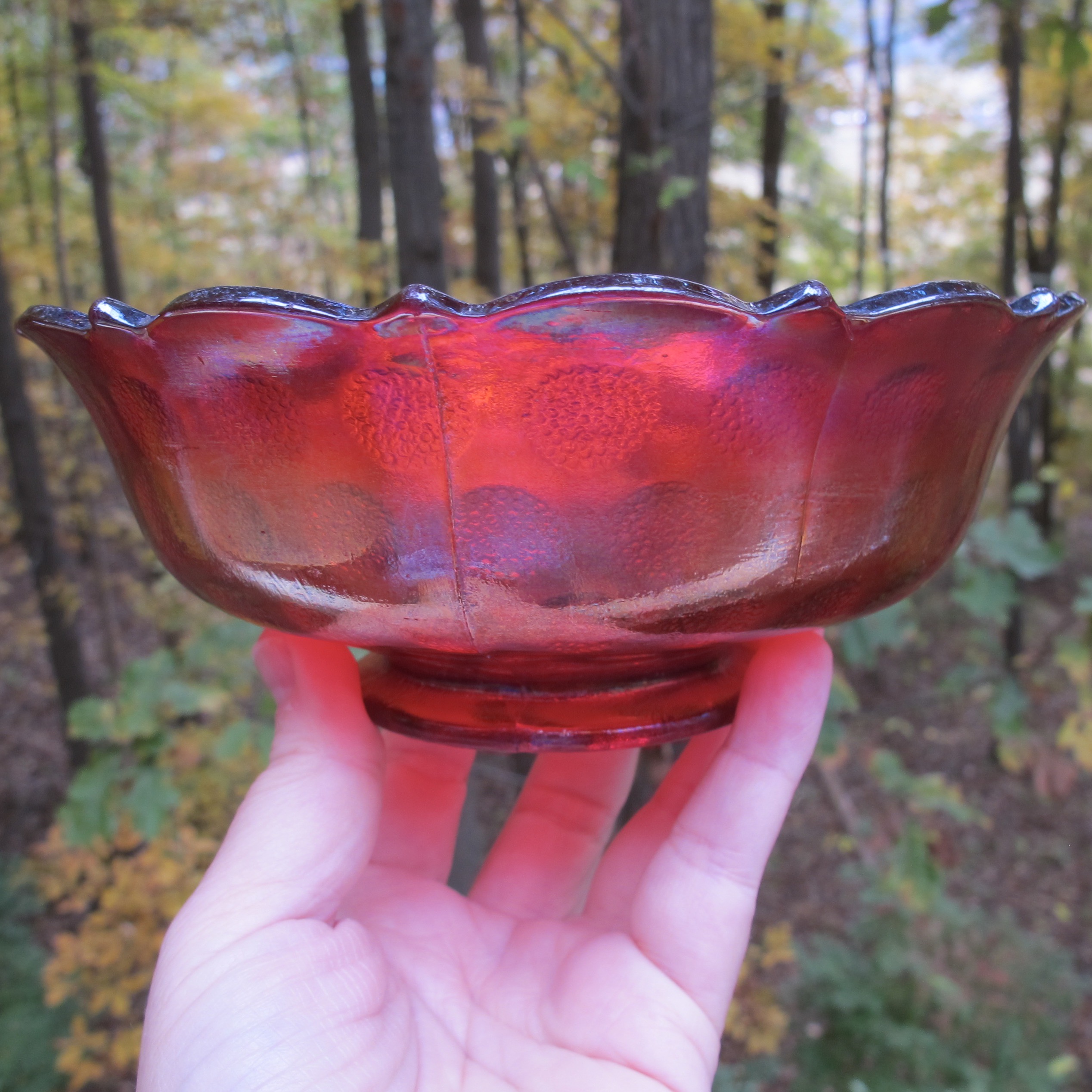 Antique Fenton Coin Dot RED Carnival Glass Nut Bowl - RARE
