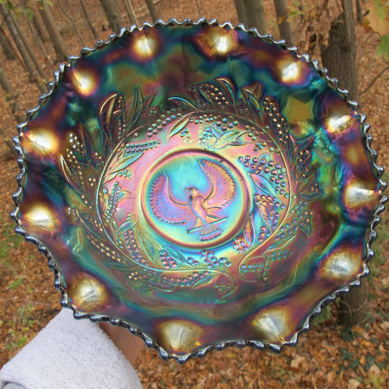 Antique Crown Crystal Shrike Thunderbird Amethyst Carnival Glass Master Bowl (Australian