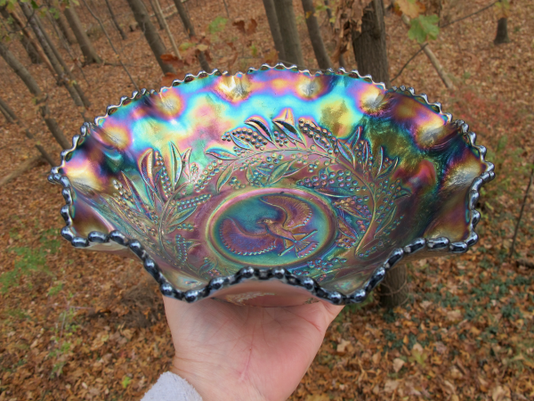 Antique Crown Crystal Shrike Thunderbird Amethyst Carnival Glass Master Bowl (Australian)