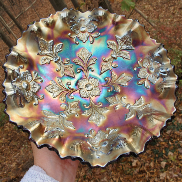 Antique Millersburg Fleur de Lis Amethyst Carnival Glass 3N1 Bowl