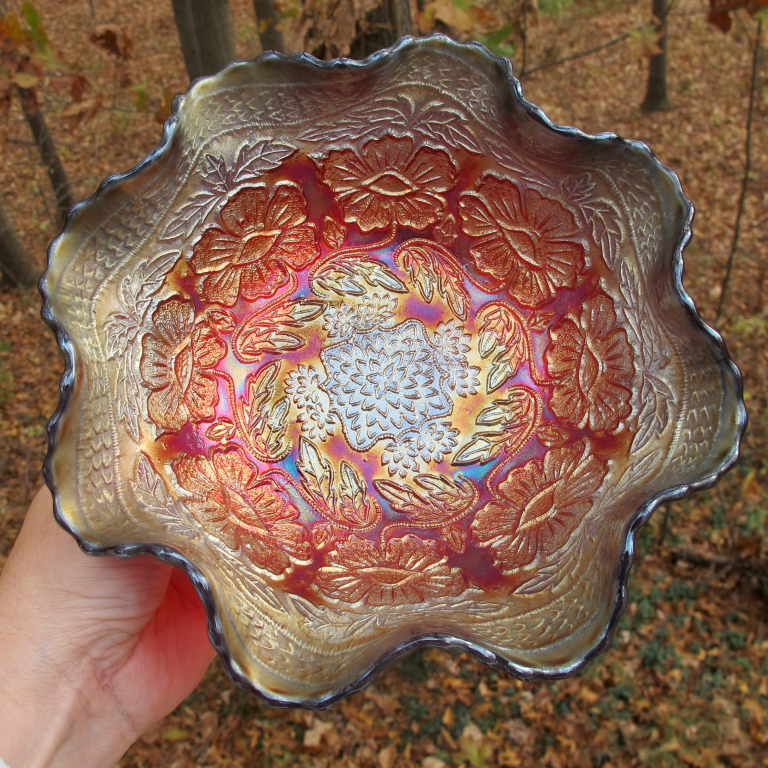 Antique Fenton Red Two Flowers Carnival Glass Footed Bowl
