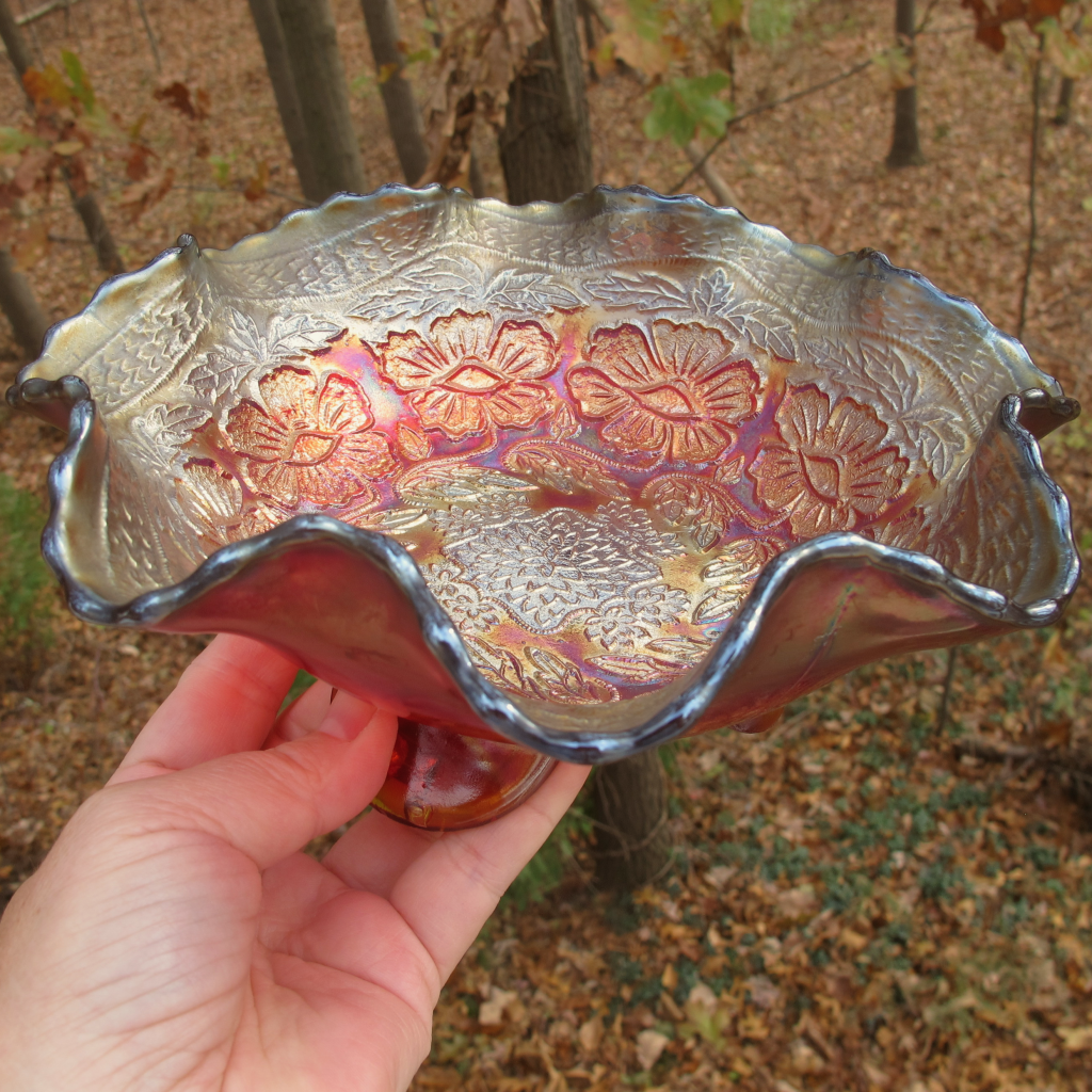 Antique Fenton Red Two Flowers Carnival Glass Footed Bowl Carnival Glass