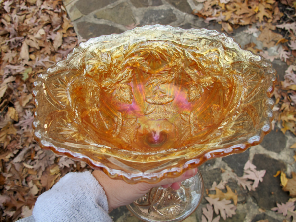 Antique Millersburg Poppy Marigold Carnival Glass Giant Flared Compote