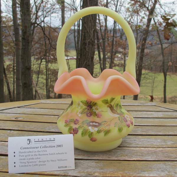 Fenton "Song Sparrow" Handpainted Burmese Art Glass Basket - Connoisseur Collection Limited
