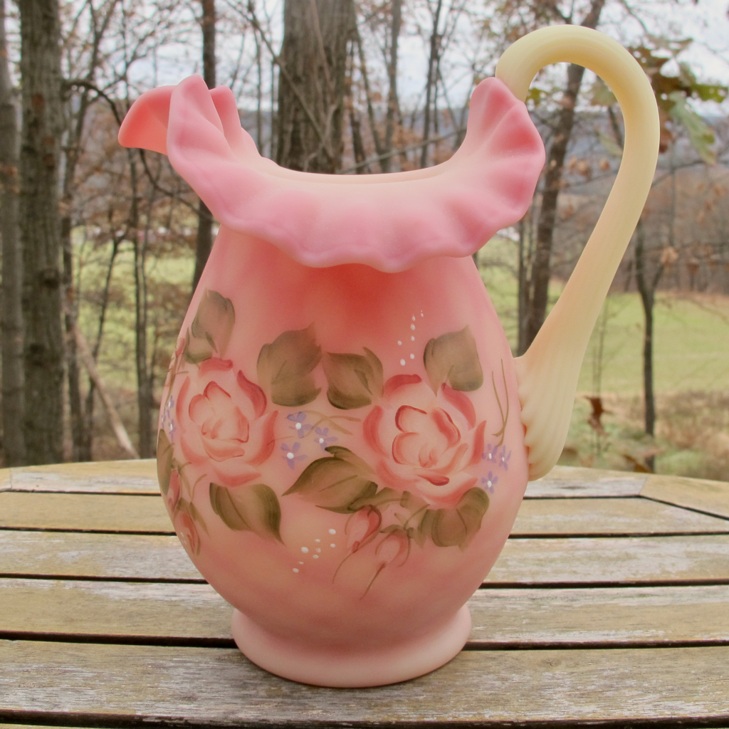 Fenton Hand Painted Criss Cross Burmese Art Glass Pitcher Don