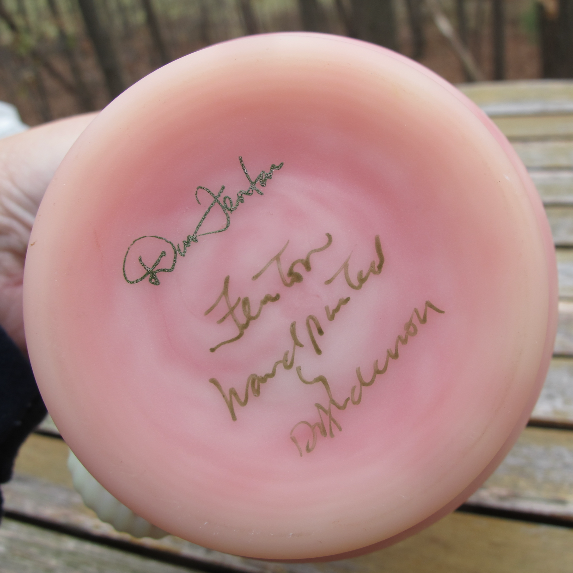 Fenton Hand Painted Criss Cross Burmese Art Glass Pitcher Don