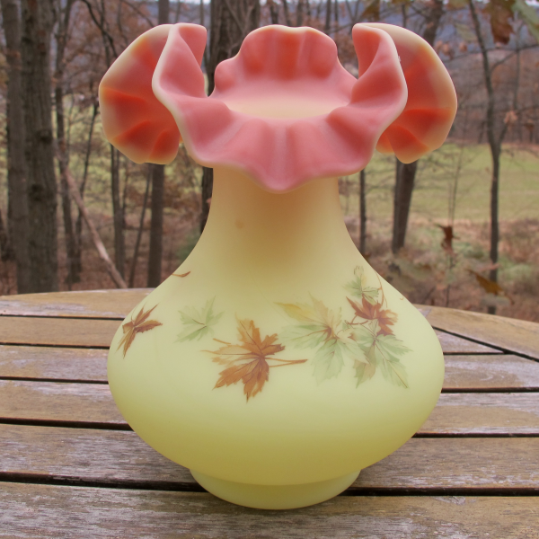 Fenton Maple Leaf Autumn Leaves Burmese Art Glass Vase