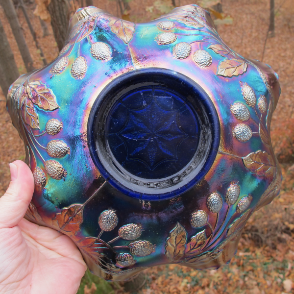 Antique Fenton Peacock & Grape Blue Carnival Glass Bowl
