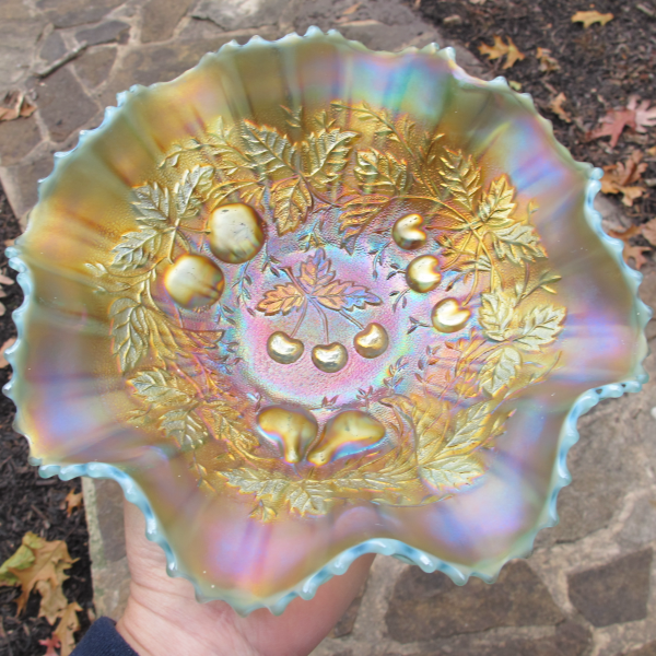 Antique Northwood Aqua Opal Three Fruits Stippled Carnival Glass Bowl