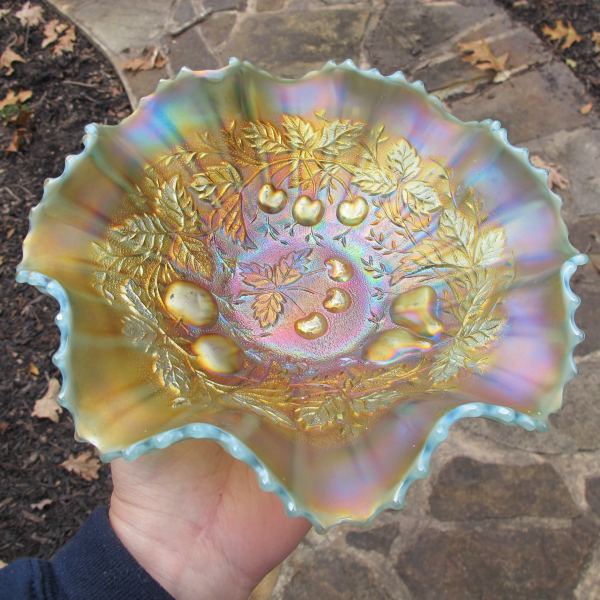 Antique Northwood Aqua Opal Three Fruits Stippled Carnival Glass Bowl