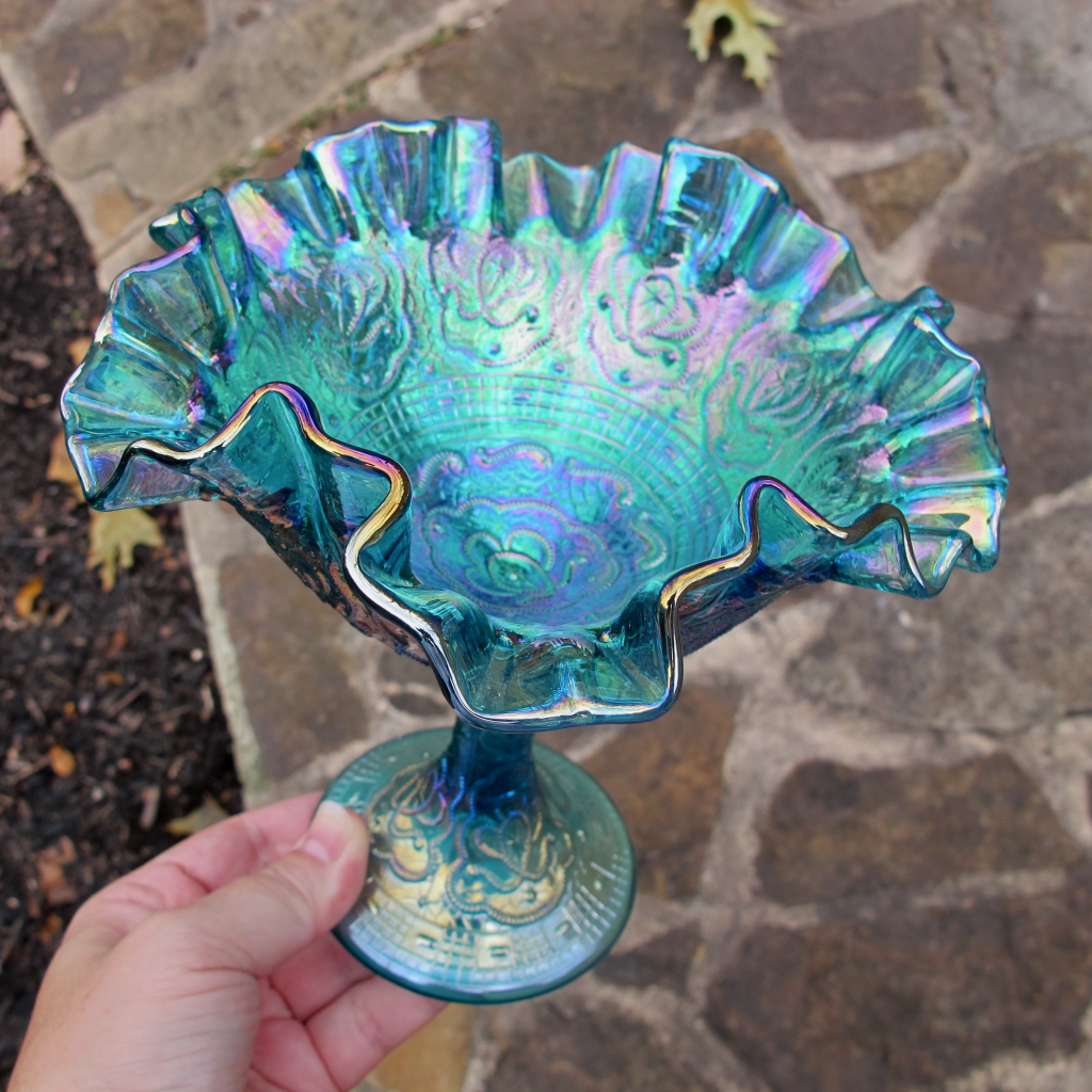Fenton Persian Medallion Teal Carnival Glass Crimped Ruffled Compote